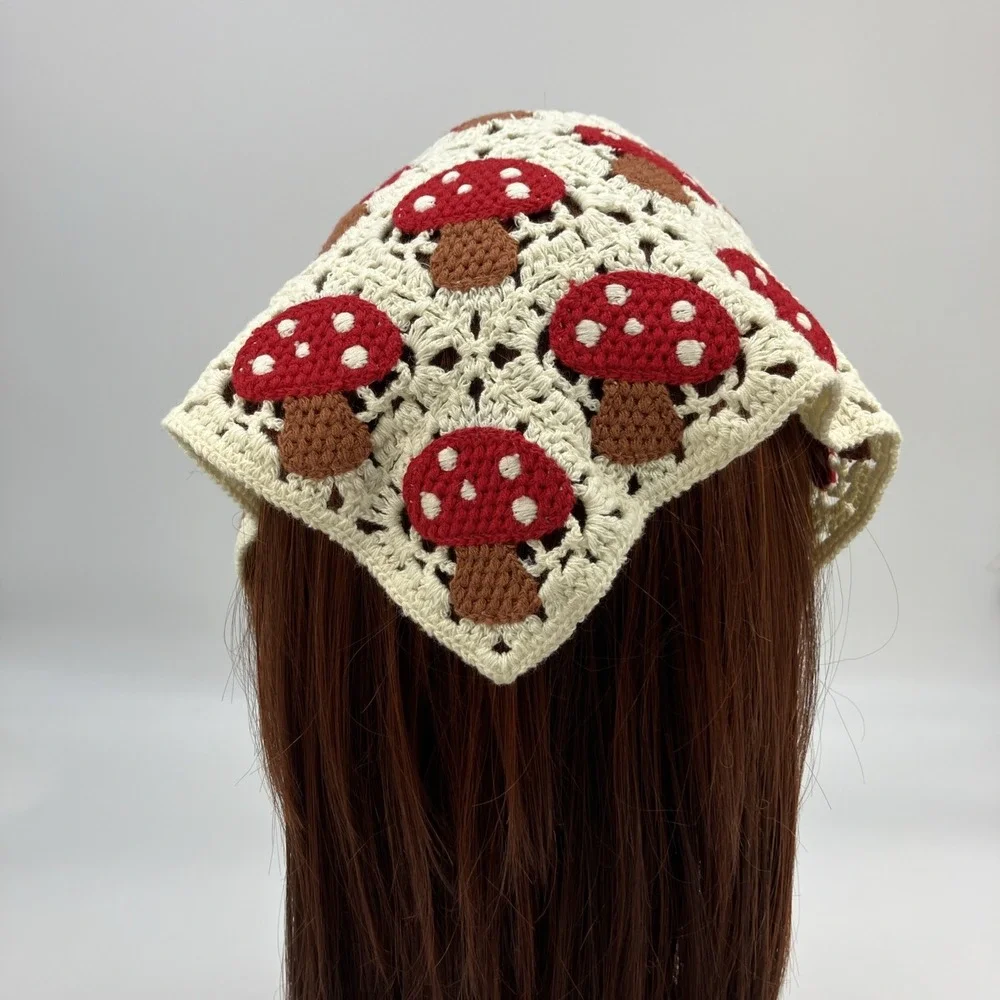 Crochet Mushroom Bandana Hair Kerchief Cottagecore Boho Head Scarf Red Cream Hip